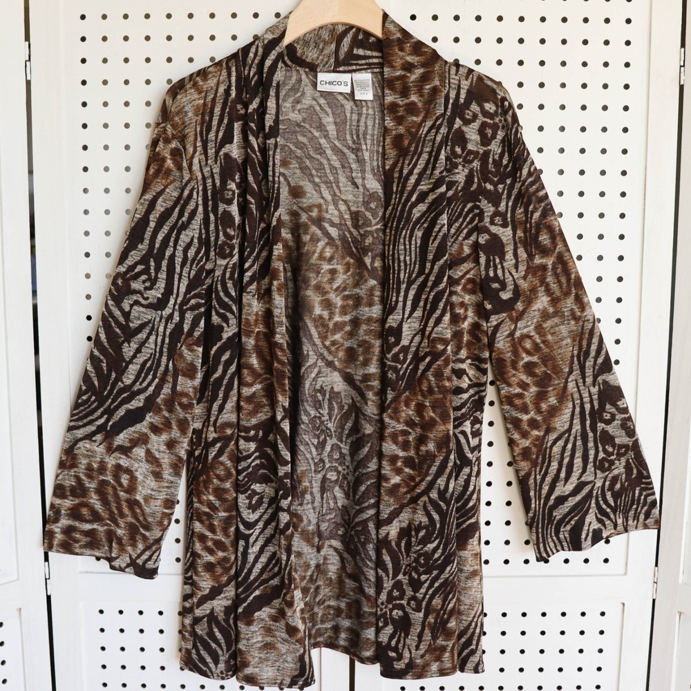 Chicos Open Front Cardigan Brown Animal Print Long Sleeve SIZE 3 Medium